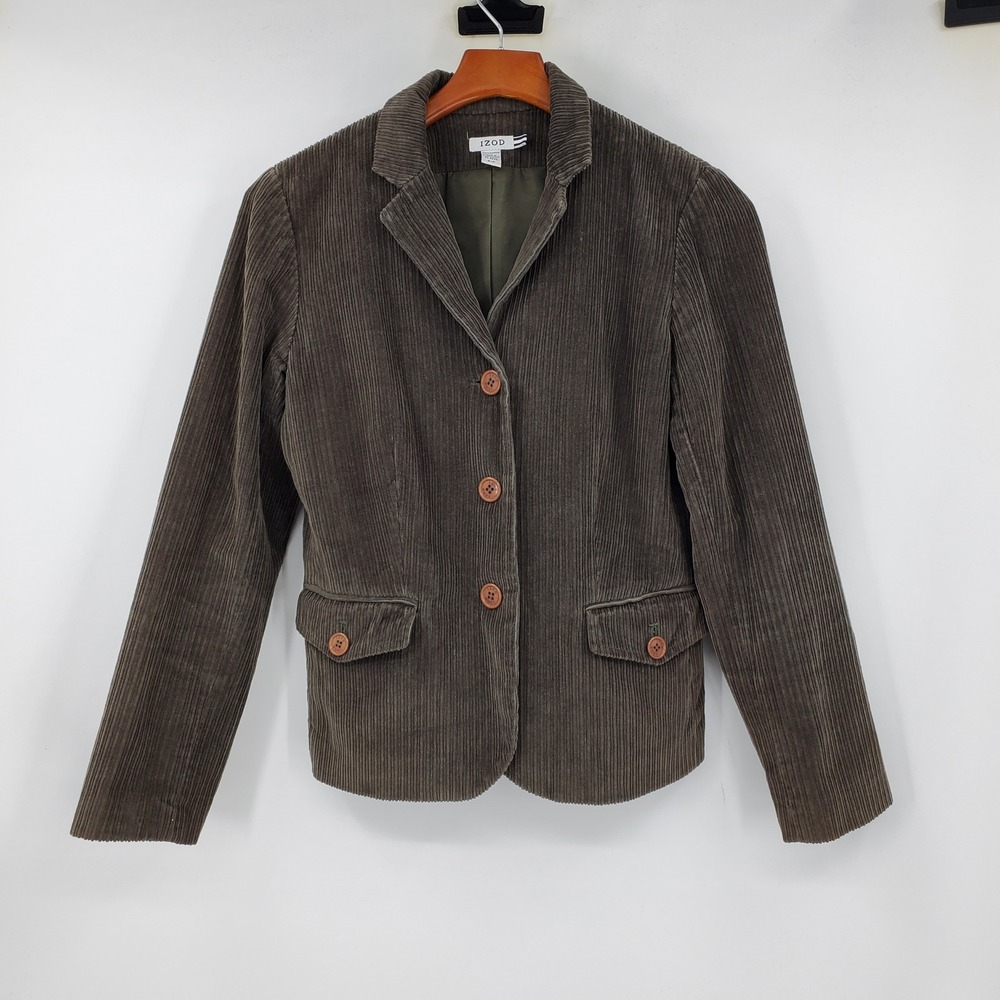 IZOD Womens Olive Brown Corduroy Blazer Jacket S Y2K Academia Professor Preppy